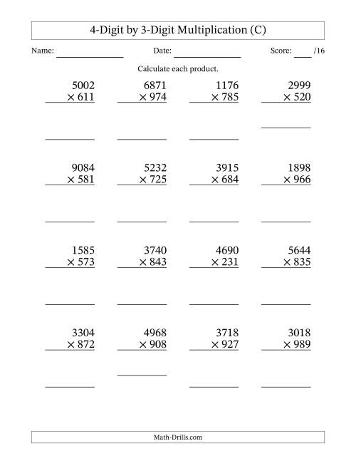 The Multiplying 4-Digit by 3-Digit Numbers (C) Math Worksheet