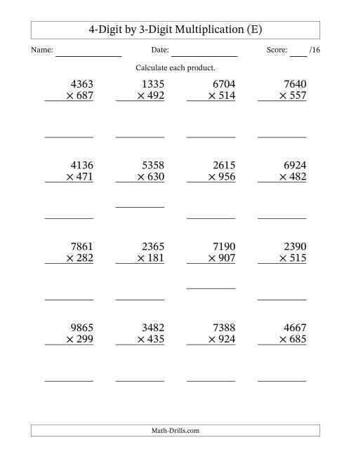 The Multiplying 4-Digit by 3-Digit Numbers (E) Math Worksheet