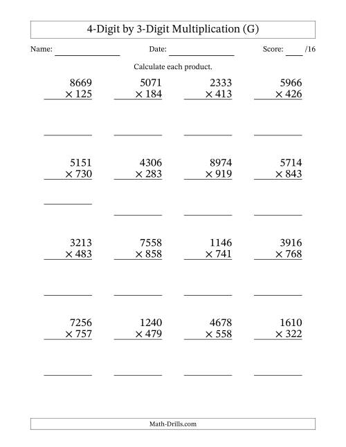 The Multiplying 4-Digit by 3-Digit Numbers (G) Math Worksheet