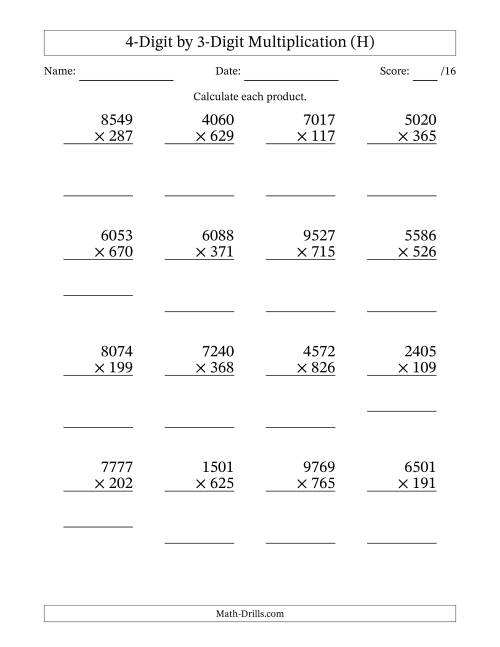 The Multiplying 4-Digit by 3-Digit Numbers (H) Math Worksheet