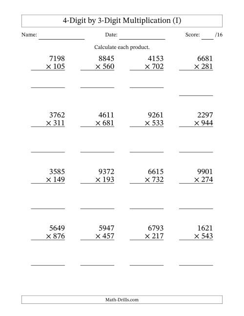 The Multiplying 4-Digit by 3-Digit Numbers (I) Math Worksheet