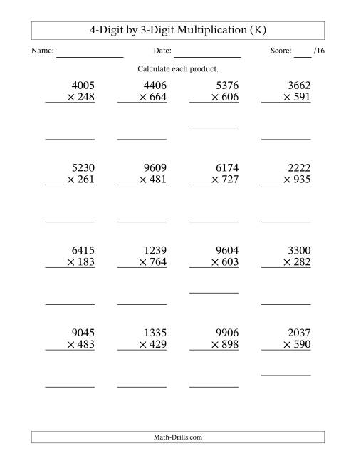 The Multiplying 4-Digit by 3-Digit Numbers (K) Math Worksheet