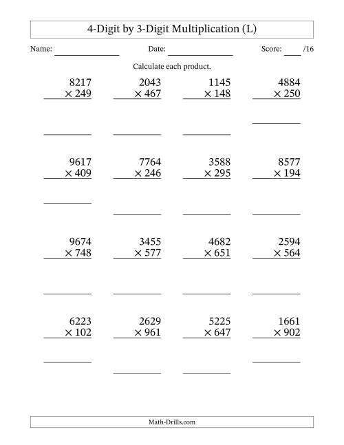 The Multiplying 4-Digit by 3-Digit Numbers (L) Math Worksheet