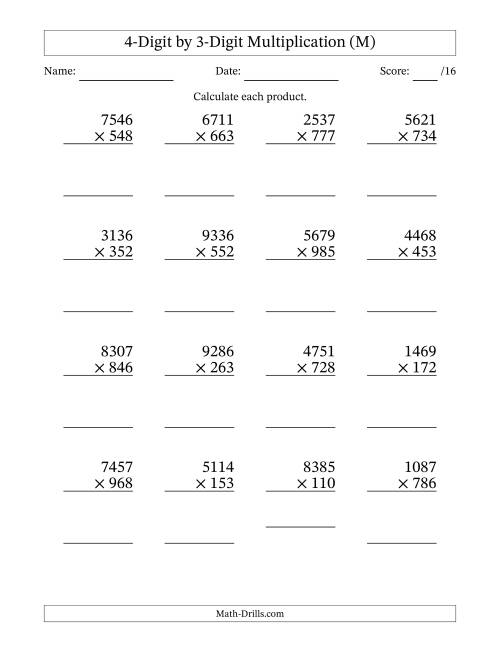 The Multiplying 4-Digit by 3-Digit Numbers (M) Math Worksheet