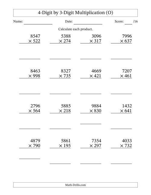 The Multiplying 4-Digit by 3-Digit Numbers (O) Math Worksheet