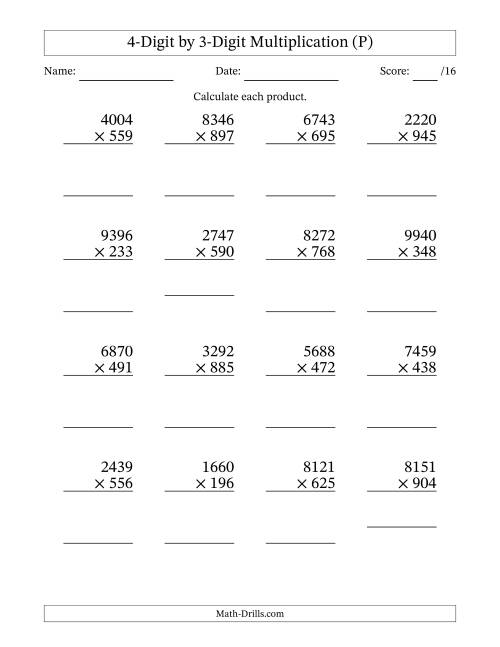 The Multiplying 4-Digit by 3-Digit Numbers (P) Math Worksheet
