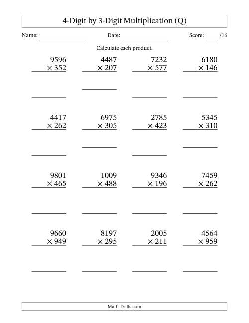 The Multiplying 4-Digit by 3-Digit Numbers (Q) Math Worksheet
