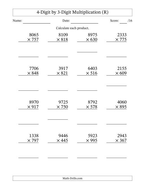 The Multiplying 4-Digit by 3-Digit Numbers (R) Math Worksheet