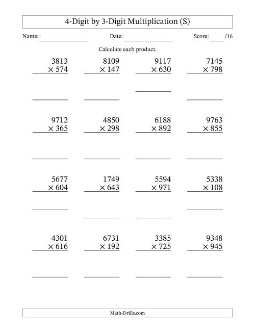 The Multiplying 4-Digit by 3-Digit Numbers (S) Math Worksheet
