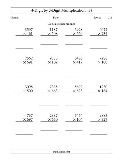 The Multiplying 4-Digit by 3-Digit Numbers (T) Math Worksheet