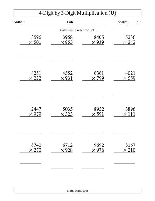 The Multiplying 4-Digit by 3-Digit Numbers (U) Math Worksheet