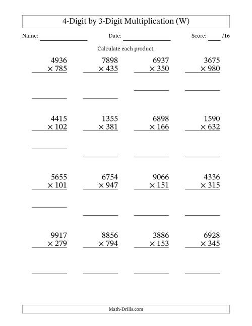 The Multiplying 4-Digit by 3-Digit Numbers (W) Math Worksheet