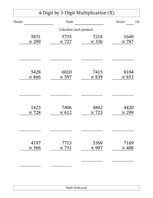 The Multiplying 4-Digit by 3-Digit Numbers (X) Math Worksheet