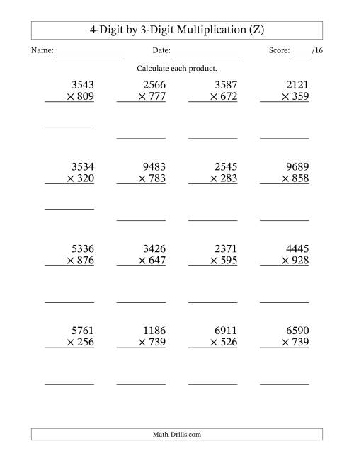 The Multiplying 4-Digit by 3-Digit Numbers (Z) Math Worksheet