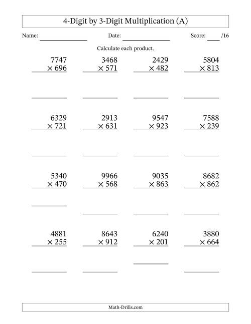The Multiplying 4-Digit by 3-Digit Numbers (All) Math Worksheet