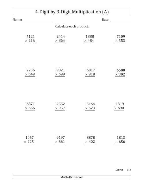 The Multiplying 4-Digit by 3-Digit Numbers (Old) Math Worksheet