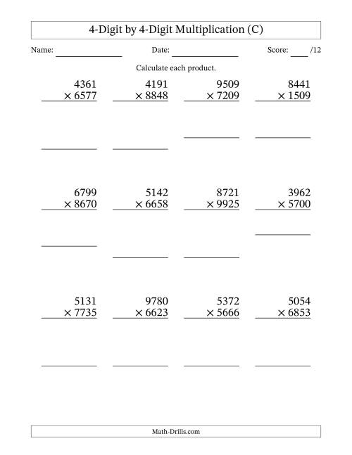 The Multiplying 4-Digit by 4-Digit Numbers (C) Math Worksheet