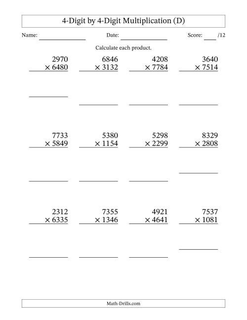 The Multiplying 4-Digit by 4-Digit Numbers (D) Math Worksheet
