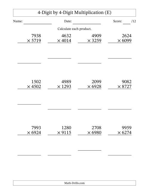 The Multiplying 4-Digit by 4-Digit Numbers (E) Math Worksheet