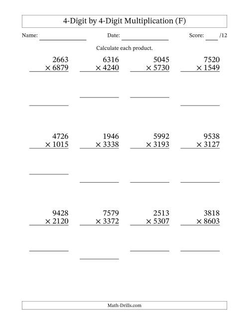The Multiplying 4-Digit by 4-Digit Numbers (F) Math Worksheet