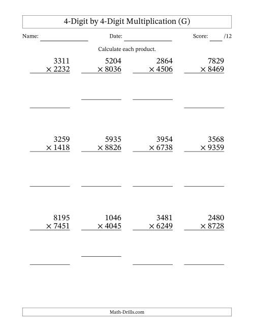The Multiplying 4-Digit by 4-Digit Numbers (G) Math Worksheet