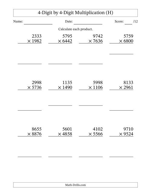 The Multiplying 4-Digit by 4-Digit Numbers (H) Math Worksheet