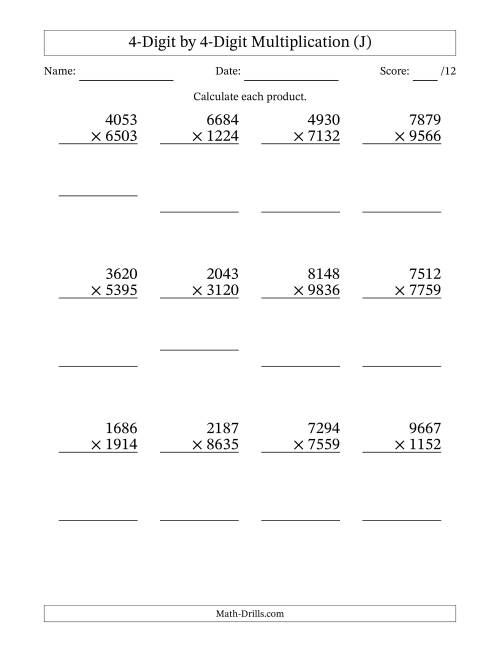 The Multiplying 4-Digit by 4-Digit Numbers (J) Math Worksheet
