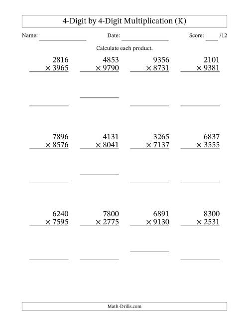 The Multiplying 4-Digit by 4-Digit Numbers (K) Math Worksheet