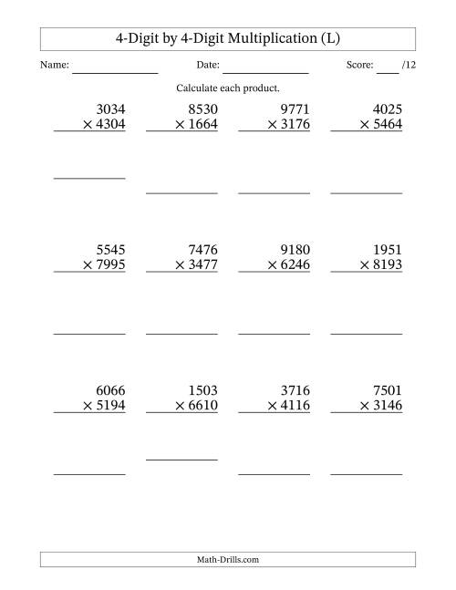 The Multiplying 4-Digit by 4-Digit Numbers (L) Math Worksheet