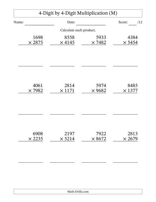 The Multiplying 4-Digit by 4-Digit Numbers (M) Math Worksheet
