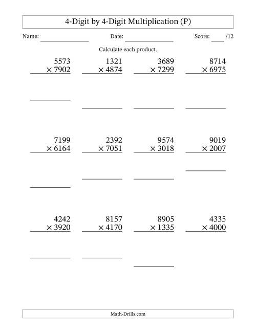 The Multiplying 4-Digit by 4-Digit Numbers (P) Math Worksheet