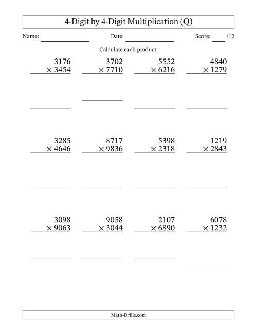 The Multiplying 4-Digit by 4-Digit Numbers (Q) Math Worksheet