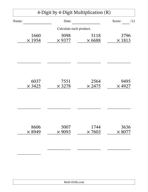 The Multiplying 4-Digit by 4-Digit Numbers (R) Math Worksheet