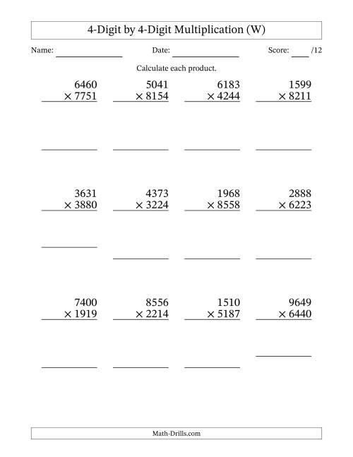 The Multiplying 4-Digit by 4-Digit Numbers (W) Math Worksheet