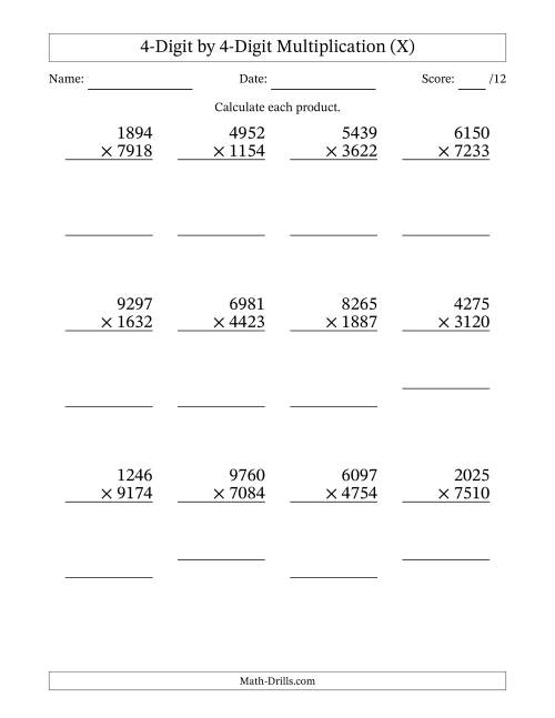 The Multiplying 4-Digit by 4-Digit Numbers (X) Math Worksheet
