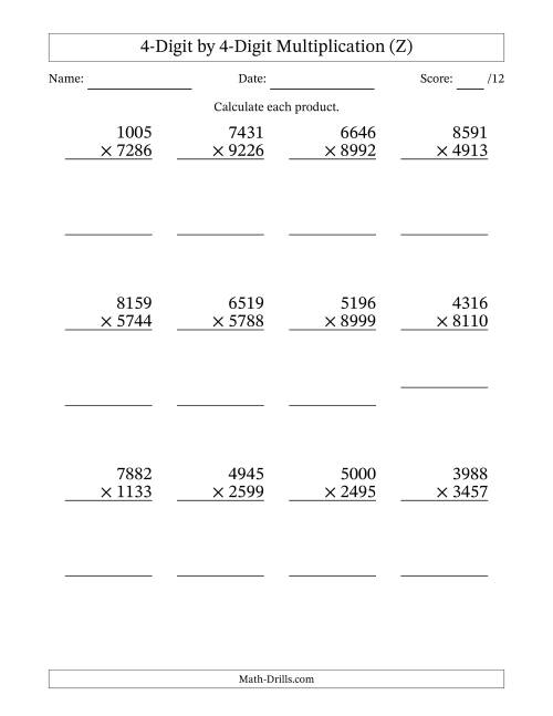 The Multiplying 4-Digit by 4-Digit Numbers (Z) Math Worksheet