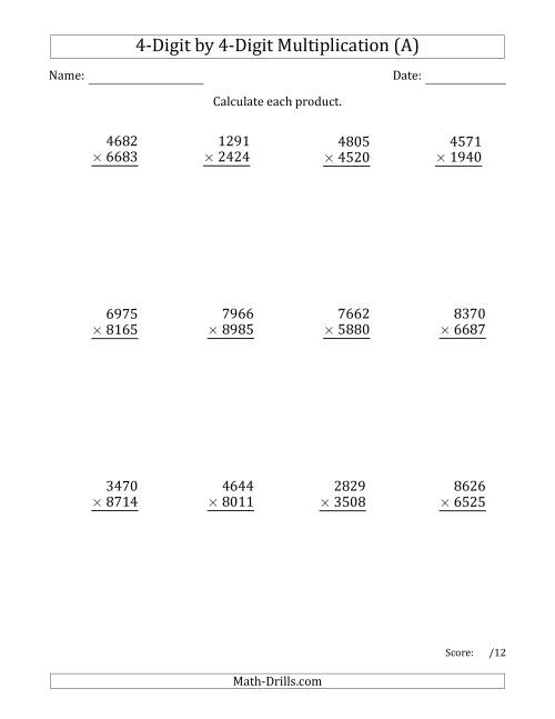 The Multiplying 4-Digit by 4-Digit Numbers (Old) Math Worksheet