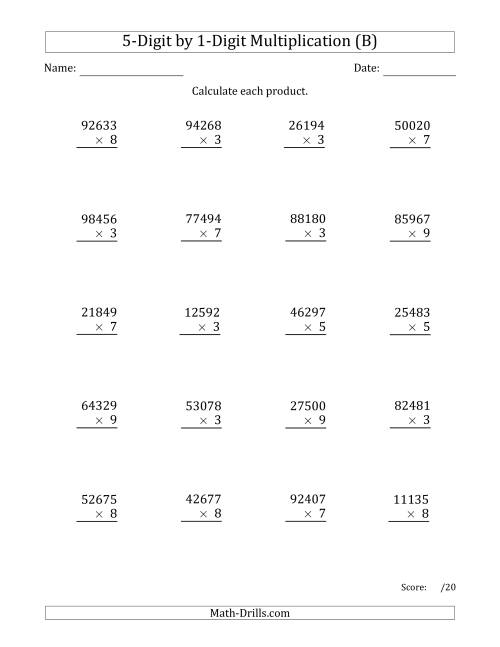 The Multiplying 5-Digit by 1-Digit Numbers (B) Math Worksheet