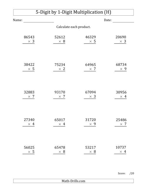 The Multiplying 5-Digit by 1-Digit Numbers (H) Math Worksheet
