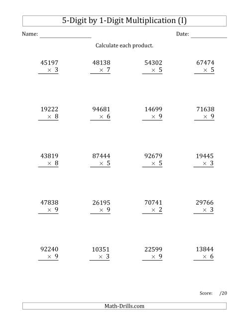 The Multiplying 5-Digit by 1-Digit Numbers (I) Math Worksheet