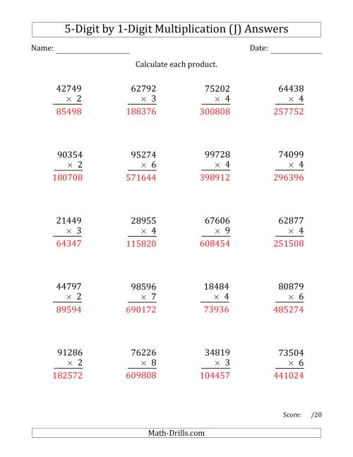 The Multiplying 5-Digit by 1-Digit Numbers (J) Math Worksheet Page 2