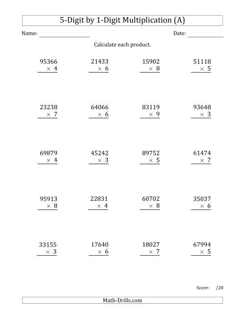 The Multiplying 5-Digit by 1-Digit Numbers (All) Math Worksheet