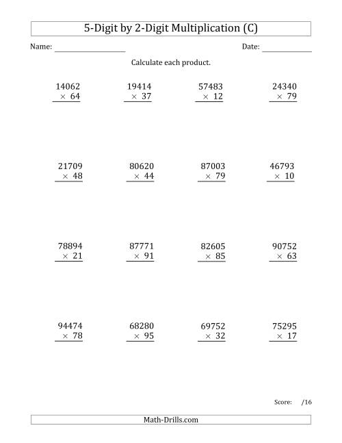 The Multiplying 5-Digit by 2-Digit Numbers (C) Math Worksheet