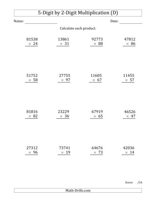 The Multiplying 5-Digit by 2-Digit Numbers (D) Math Worksheet
