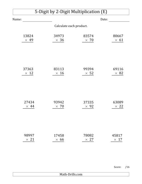 The Multiplying 5-Digit by 2-Digit Numbers (E) Math Worksheet