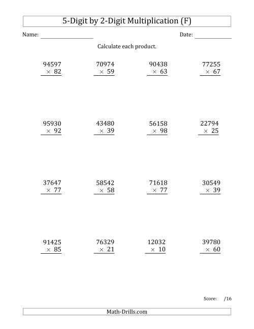 The Multiplying 5-Digit by 2-Digit Numbers (F) Math Worksheet