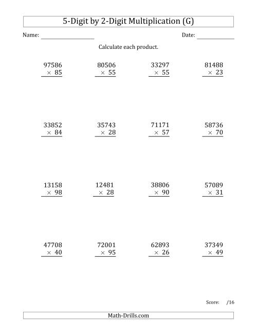 The Multiplying 5-Digit by 2-Digit Numbers (G) Math Worksheet