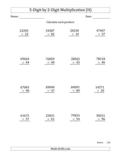 The Multiplying 5-Digit by 2-Digit Numbers (H) Math Worksheet