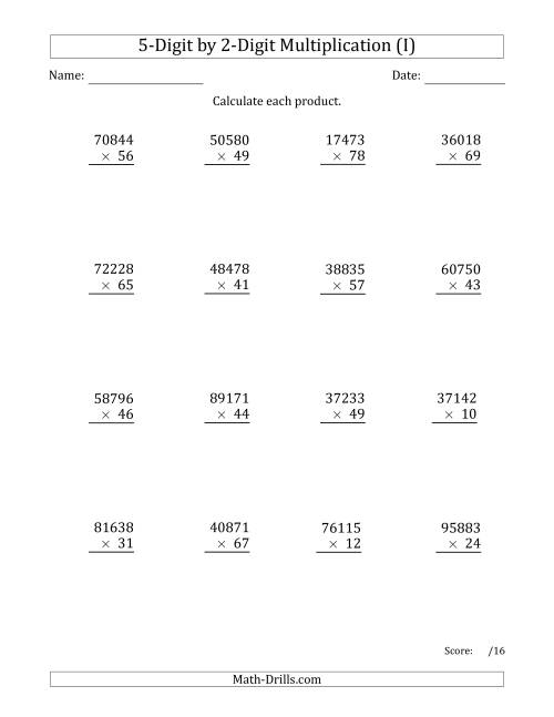 The Multiplying 5-Digit by 2-Digit Numbers (I) Math Worksheet