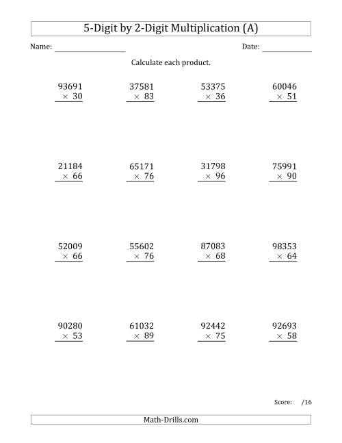 The Multiplying 5-Digit by 2-Digit Numbers (All) Math Worksheet